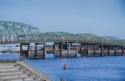 People on bridge against clear blue sky