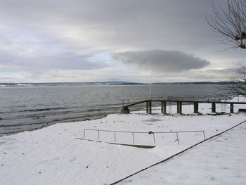 Scenic view of snow covered beach against sky