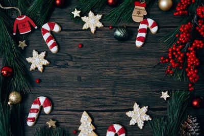 Directly above shot of christmas decorations on table