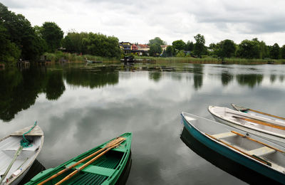 High angle view of boats moored in lake