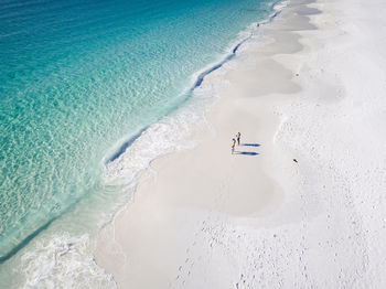 High angle view of people standing at beach