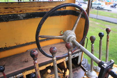 High angle view of rusty bicycle wheel