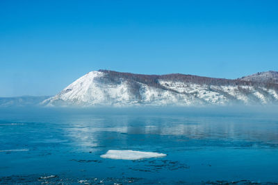 Scenic view of snowcapped mountains against clear blue sky