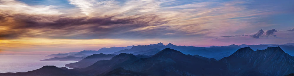 Scenic view of silhouette mountains against sky during sunset