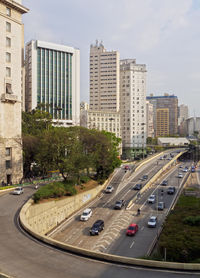 High angle view of traffic on road in city