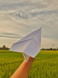 Person holding umbrella on field against sky