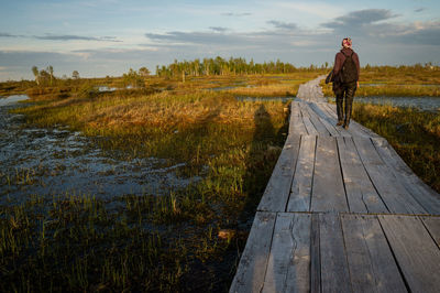 A woman walks along a wooden path along a raised swamp at sunset