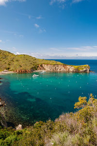 High angle view of bay against blue sky