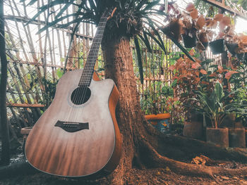 Low angle view of playing guitar against trees