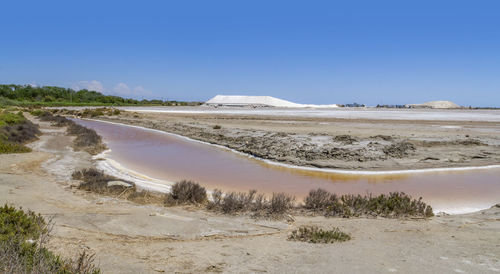 Scenic view of desert against clear blue sky