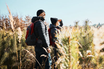 Couple exploring nature while vacation trip. active leisure time close to nature