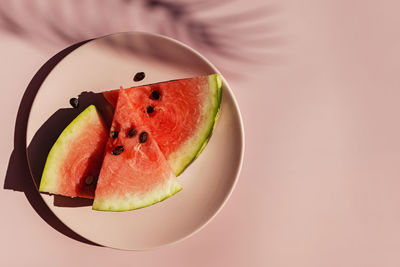 Fresh red watermelon slices on pink plate and tropical leaf shadow. summer composition 