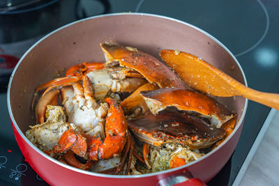 High angle view of meat in bowl on table