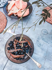 High angle view of food in plate on table