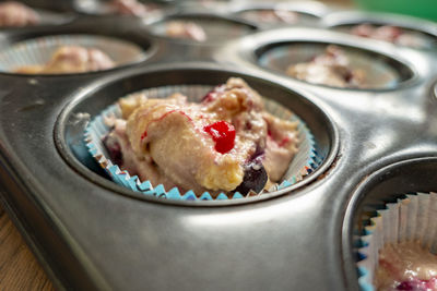 Close-up of cake served on table