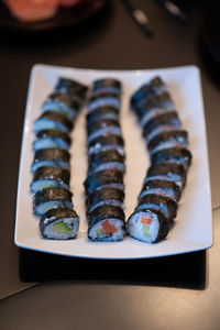 High angle view of sushi in plate on table