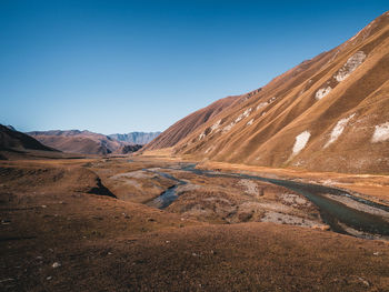 Scenic view of land and mountains against clear blue sky