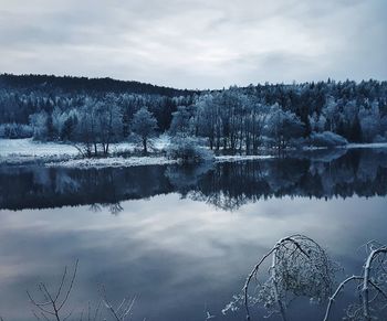 Scenic view of lake against sky during winter