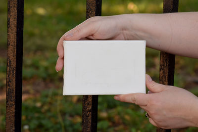 Cropped hands of woman holding blank box by fence