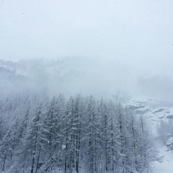 Snow covered landscape against sky during foggy weather