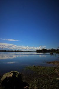Scenic view of lake against blue sky