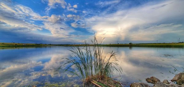 Scenic view of lake against sky during sunset