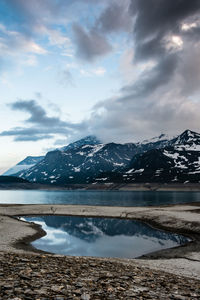 Scenic view of lake and mountains against sky