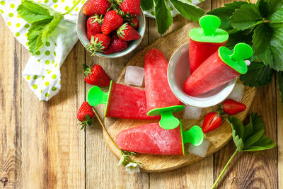 High angle view of chopped fruits on table