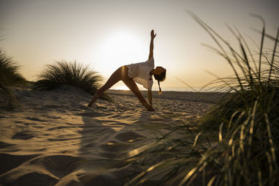 Young woman practicing triangle position yoga amidst plants at beach against clear sky during sunset