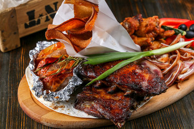 Close-up of meat on barbecue grill