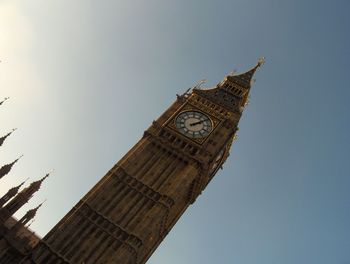 Low angle view of clock tower against sky in city