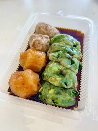 High angle view of food in plate on table