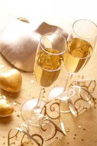 High angle view of wine glasses on table