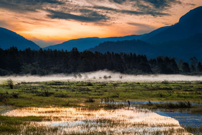 Scenic view of mist over field against sky during sunrise