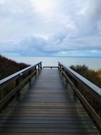 Empty wooden jetty leading to sea against sky