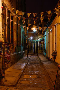 Buntings hanging in illuminated alley amidst buildings at night
