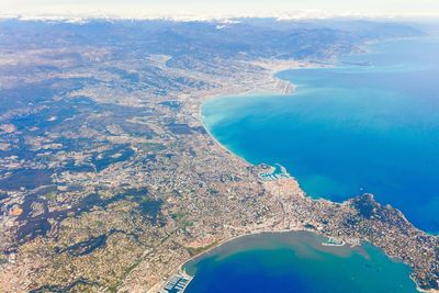 High angle view of sea and mountain