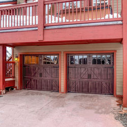 Red closed door of building