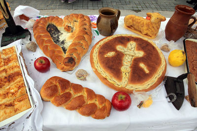 High angle view of cross on apple pie