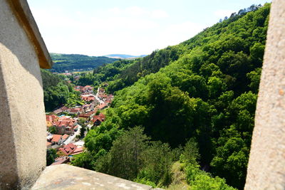 High angle view of trees and buildings against sky