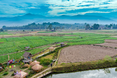 High angle view of agricultural field against sky