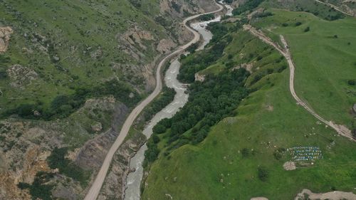 High angle view of road amidst trees