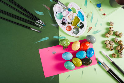 High angle view of multi colored candies on table