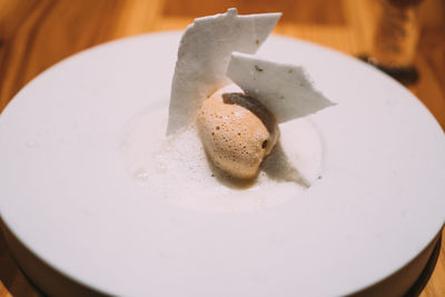 High angle view of dessert in plate on table