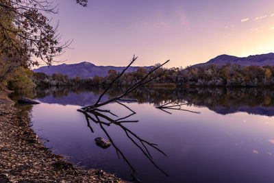 Scenic view of lake against sky during sunset