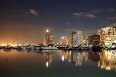 Reflection of city on water at night