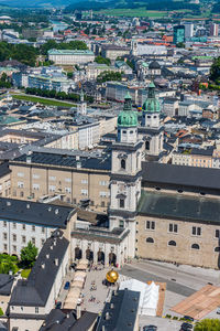 High angle view of buildings in city