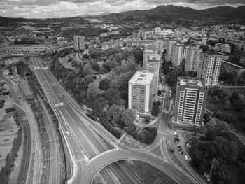 High angle view of city street and buildings