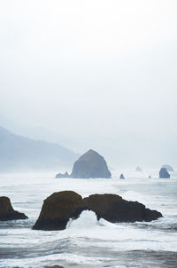 Scenic view of rocks in sea against clear sky