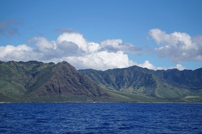 Scenic view of sea and mountains against sky